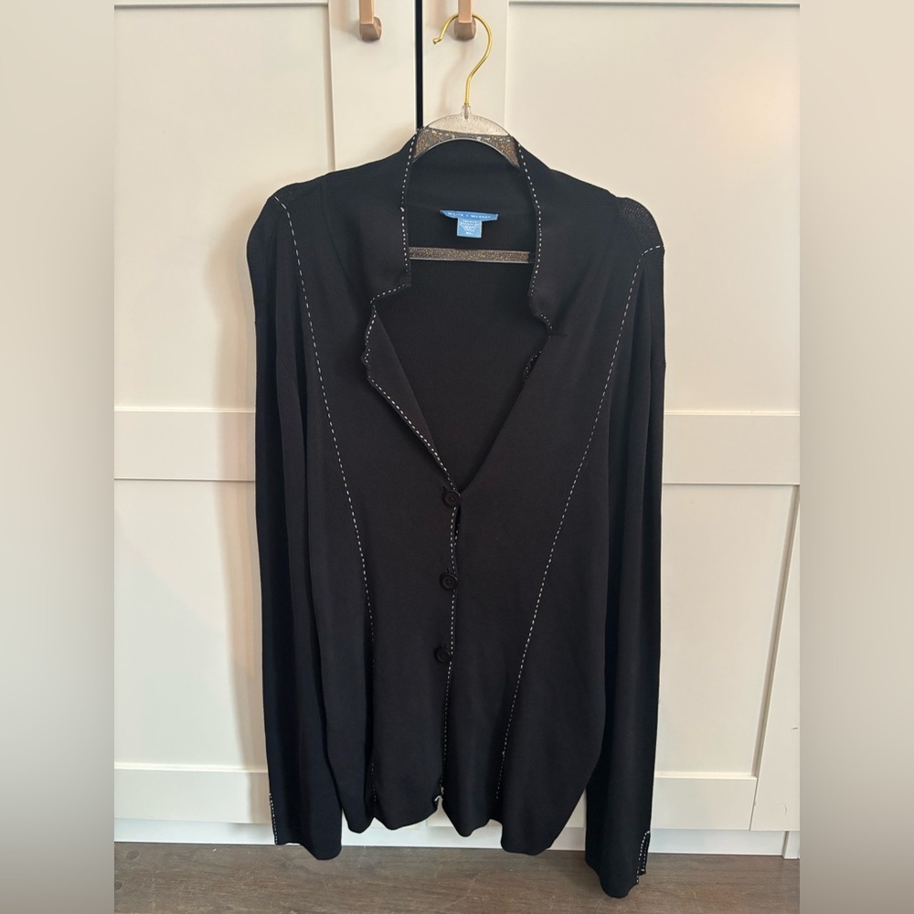 White + Warren Black Silk Blend Knit. Collared Cardigan Size Xl Minimalist Chic